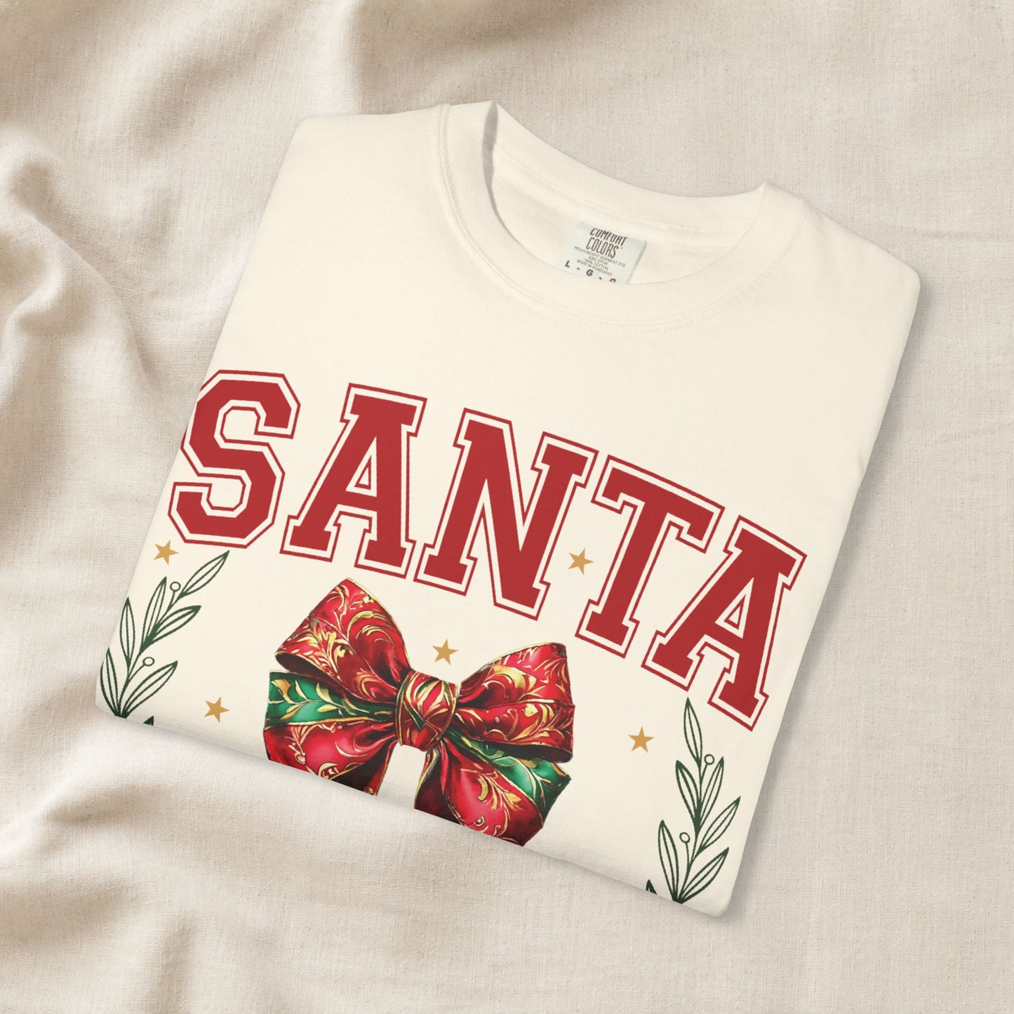 Santa University Shirt, Christmas Bow Shirt, Cute Holiday Shirt, Christmas Shirt Women, Comfort Colors Christmas Tee