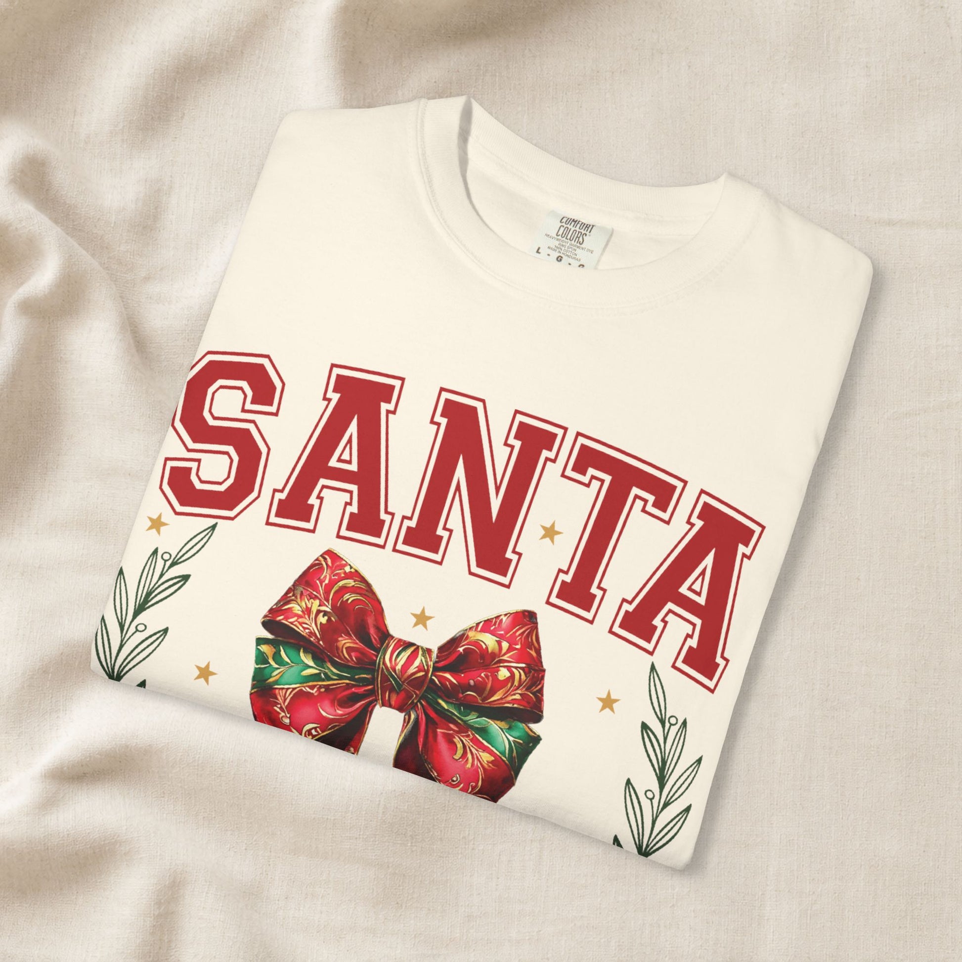 Santa University Shirt, Christmas Bow Shirt, Cute Holiday Shirt, Christmas Shirt Women, Comfort Colors Christmas Tee