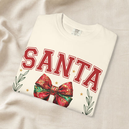 Santa University Shirt, Christmas Bow Shirt, Cute Holiday Shirt, Christmas Shirt Women, Comfort Colors Christmas Tee