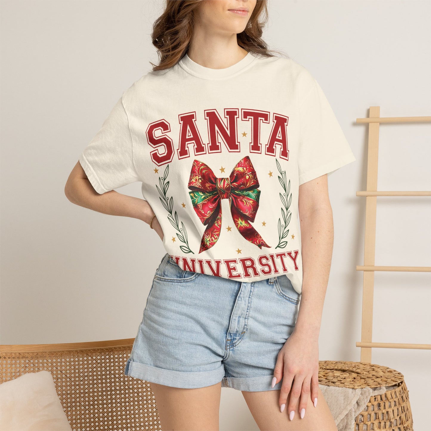 Comfortable unisex Santa University Shirt, Christmas Bow Shirt, Cute Holiday Shirt, Christmas Shirt Women, Comfort Colors