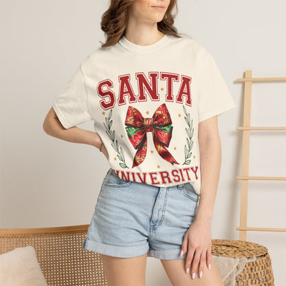 Comfortable unisex Santa University Shirt, Christmas Bow Shirt, Cute Holiday Shirt, Christmas Shirt Women, Comfort Colors