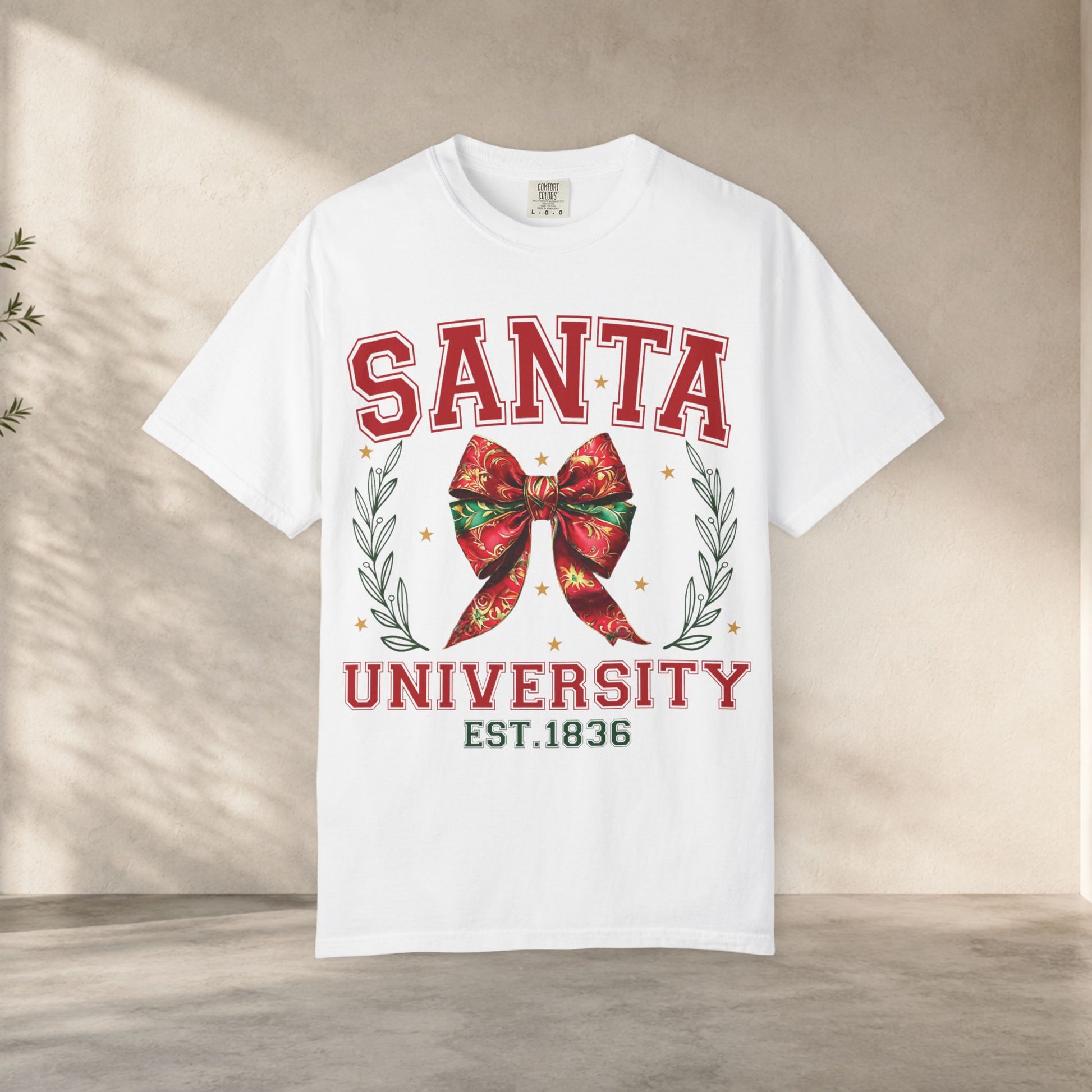 Santa University Shirt, Christmas Bow Shirt, Cute Holiday Shirt, Christmas Shirt Women, Comfort Colors Christmas Tee