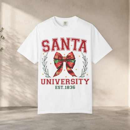 Santa University Shirt, Christmas Bow Shirt, Cute Holiday Shirt, Christmas Shirt Women, Comfort Colors Christmas Tee