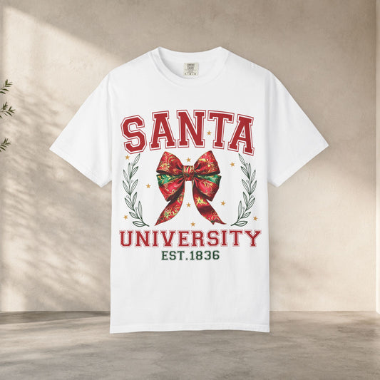 Santa University Shirt, Christmas Bow Shirt, Cute Holiday Shirt, Christmas Shirt Women, Comfort Colors Christmas Tee