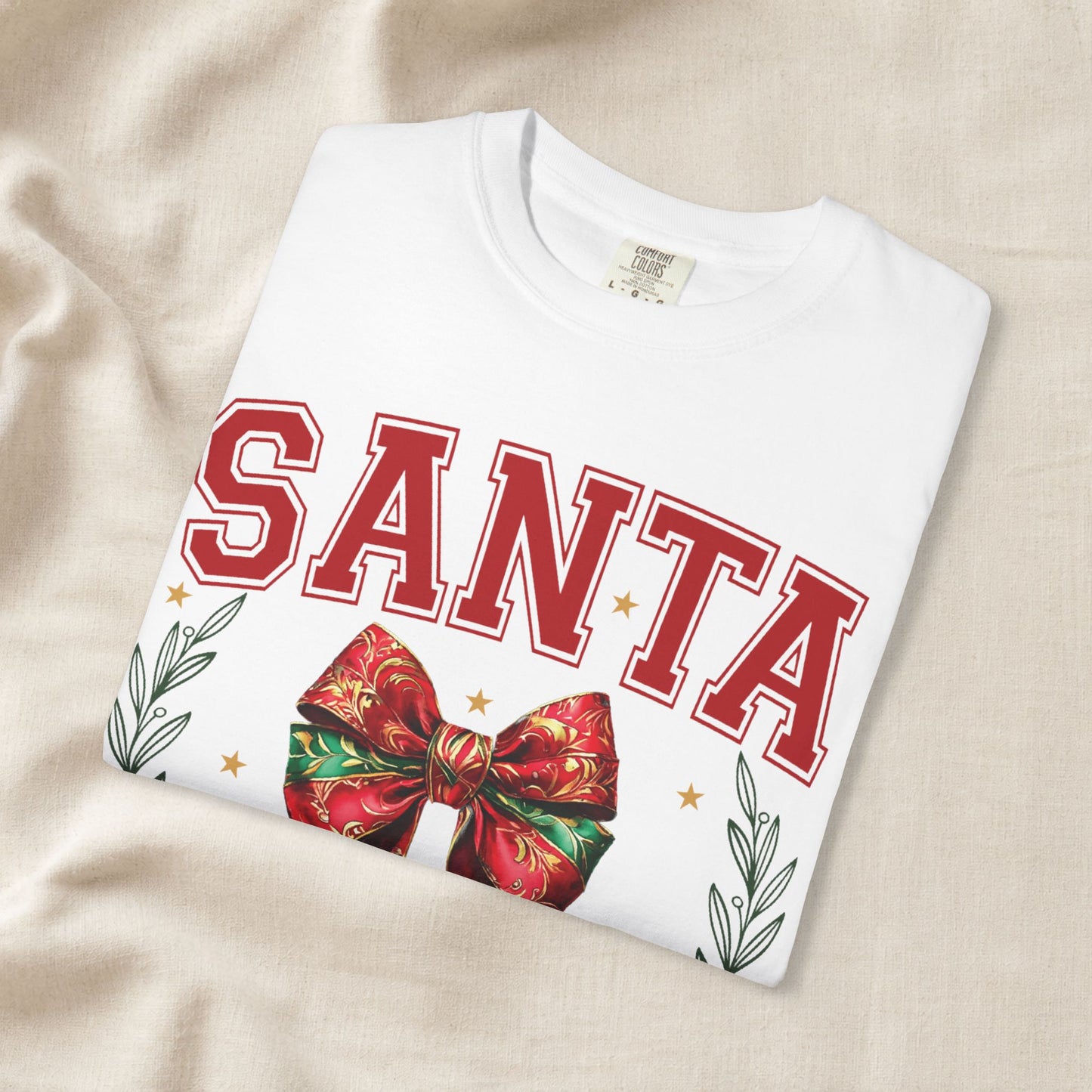 Santa University Shirt, Christmas Bow Shirt, Cute Holiday Shirt, Christmas Shirt Women, Comfort Colors Christmas Tee