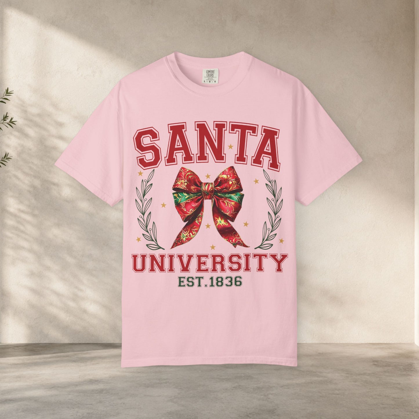 Santa University Shirt, Christmas Bow Shirt, Cute Holiday Shirt, Christmas Shirt Women, Comfort Colors Christmas Tee
