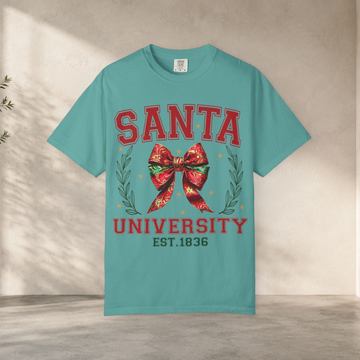 Premium quality Santa University Shirt, Christmas Bow Shirt, Cute Holiday Shirt, Christmas Shirt Women, Comfort Colors