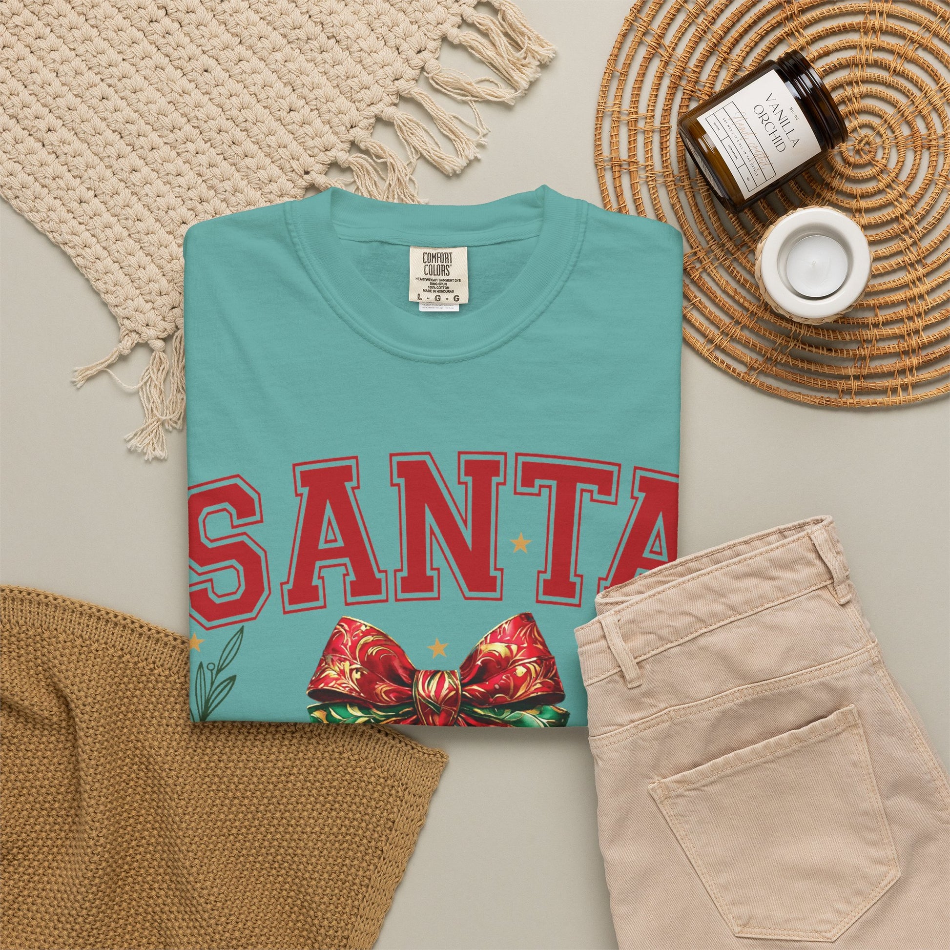 Comfortable unisex Santa University Shirt, Christmas Bow Shirt, Cute Holiday Shirt, Christmas Shirt Women, Comfort Colors