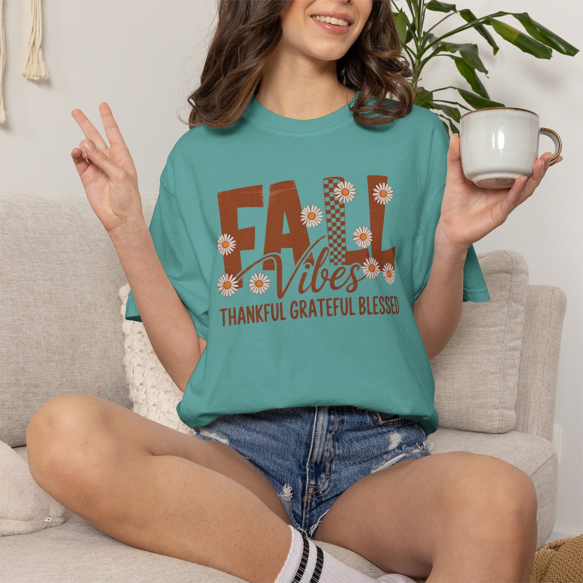 Comfortable unisex Fall Vibes Shirt, Thankful Grateful Blessed Shirt, Autumn Daisy Shirt, Comfort Colors Fall Tee