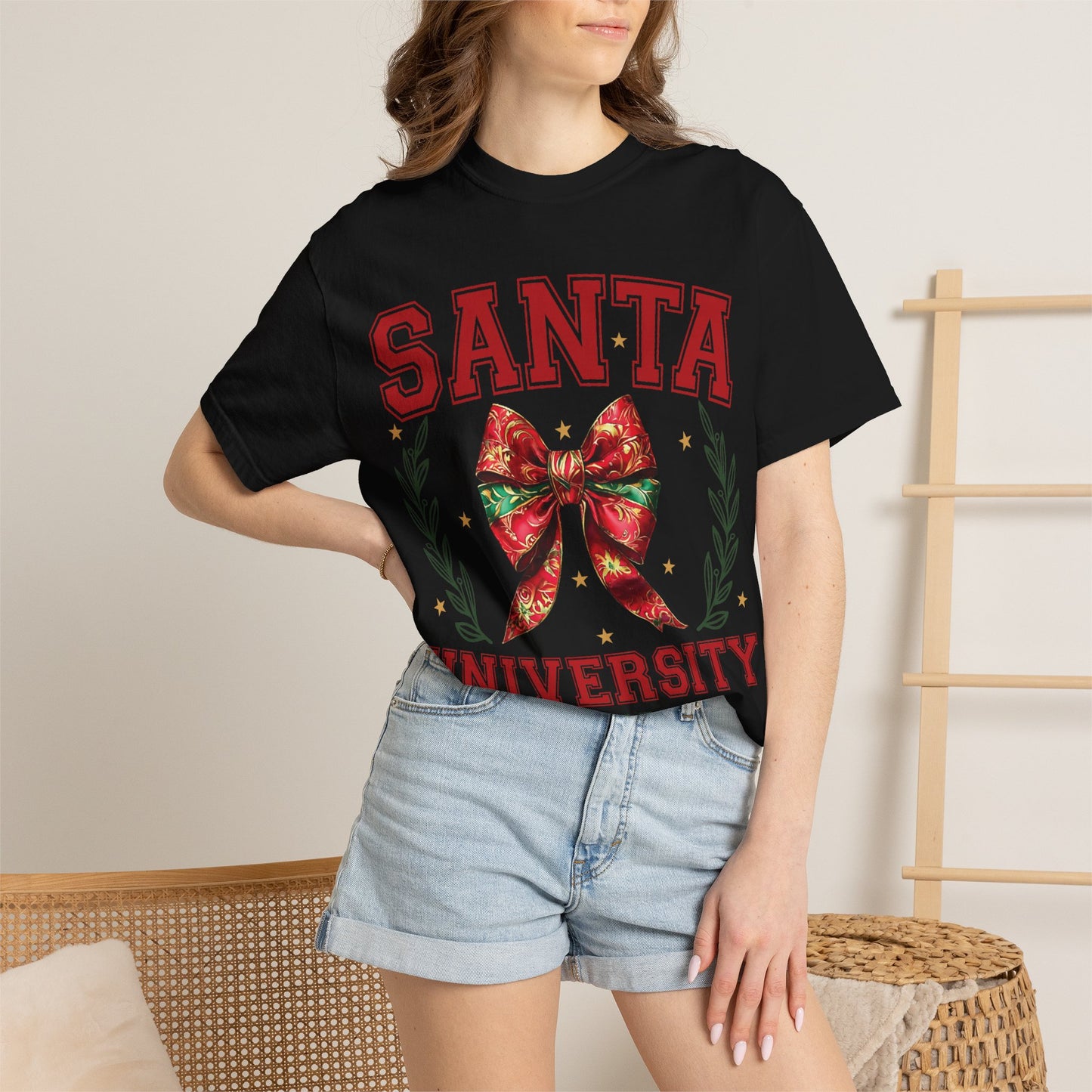 Santa University Shirt, Christmas Bow Shirt, Cute Holiday Shirt, Christmas Shirt Women, Comfort Colors Christmas Tee