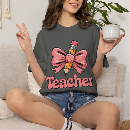 Pink Teacher Bow Comfort Colors Shirt | Cute Teacher Gift