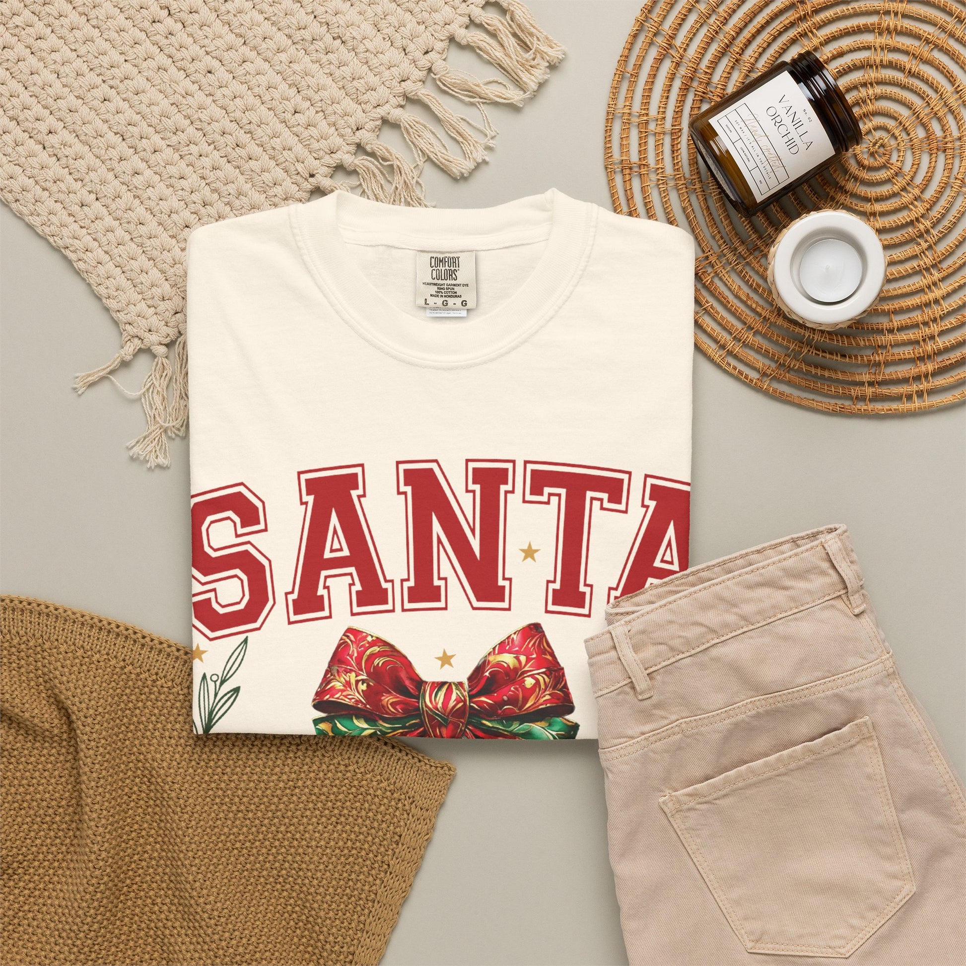 Santa University Shirt, Christmas Bow Shirt, Cute Holiday Shirt, Christmas Shirt Women, Comfort Colors Christmas Tee