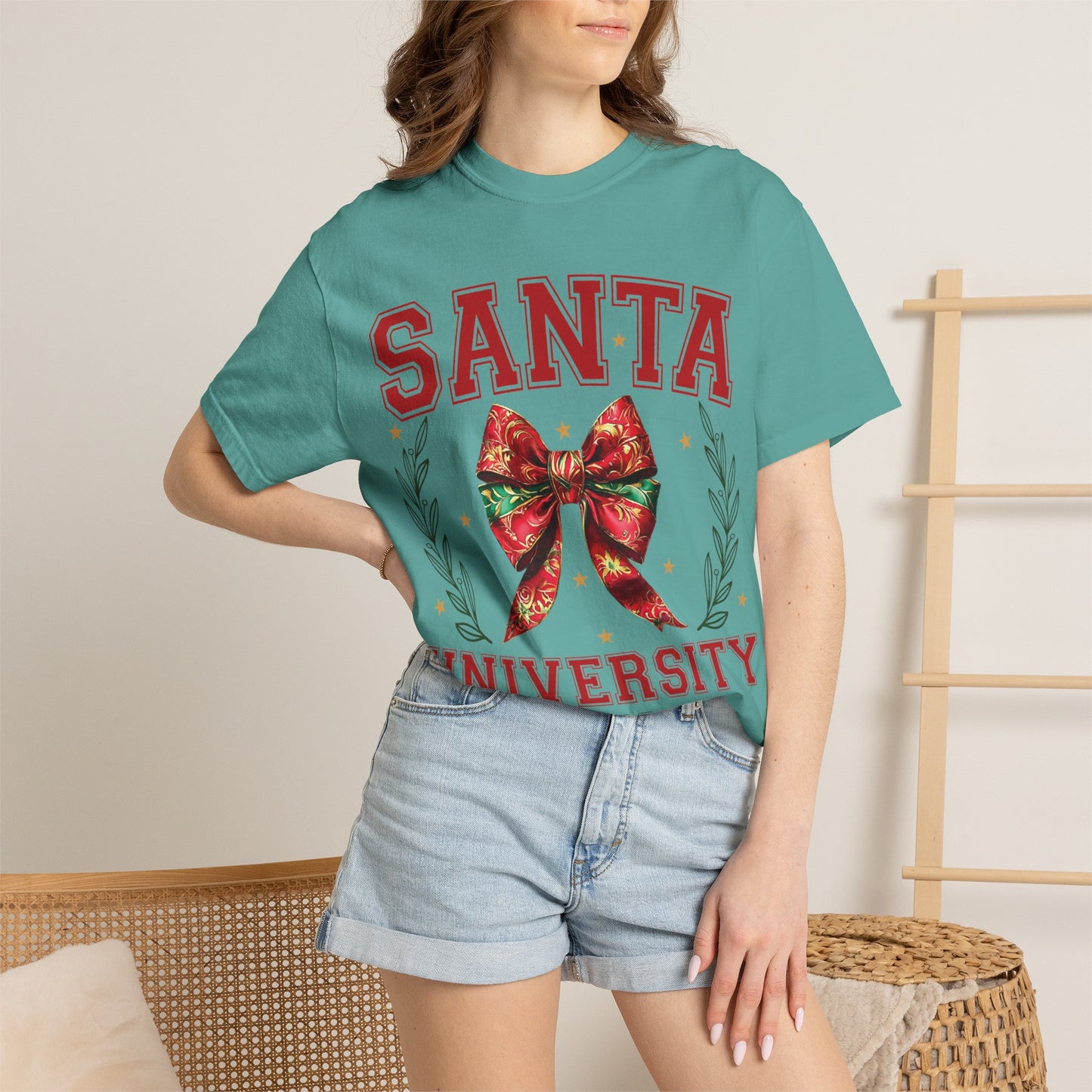 comfort colors aesthetic Santa University Shirt, Christmas Bow Shirt, Cute Holiday Shirt, Christmas Shirt Women, Comfort