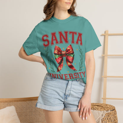 comfort colors aesthetic Santa University Shirt, Christmas Bow Shirt, Cute Holiday Shirt, Christmas Shirt Women, Comfort
