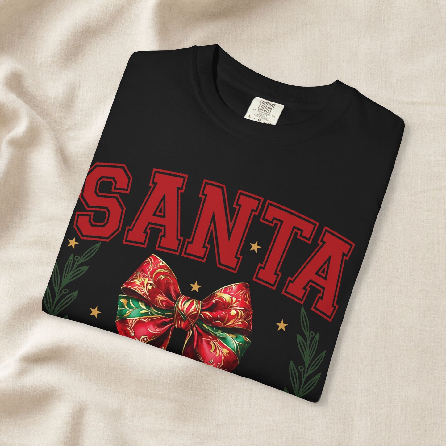 Santa University Shirt, Christmas Bow Shirt, Cute Holiday Shirt, Christmas Shirt Women, Comfort Colors Christmas Tee