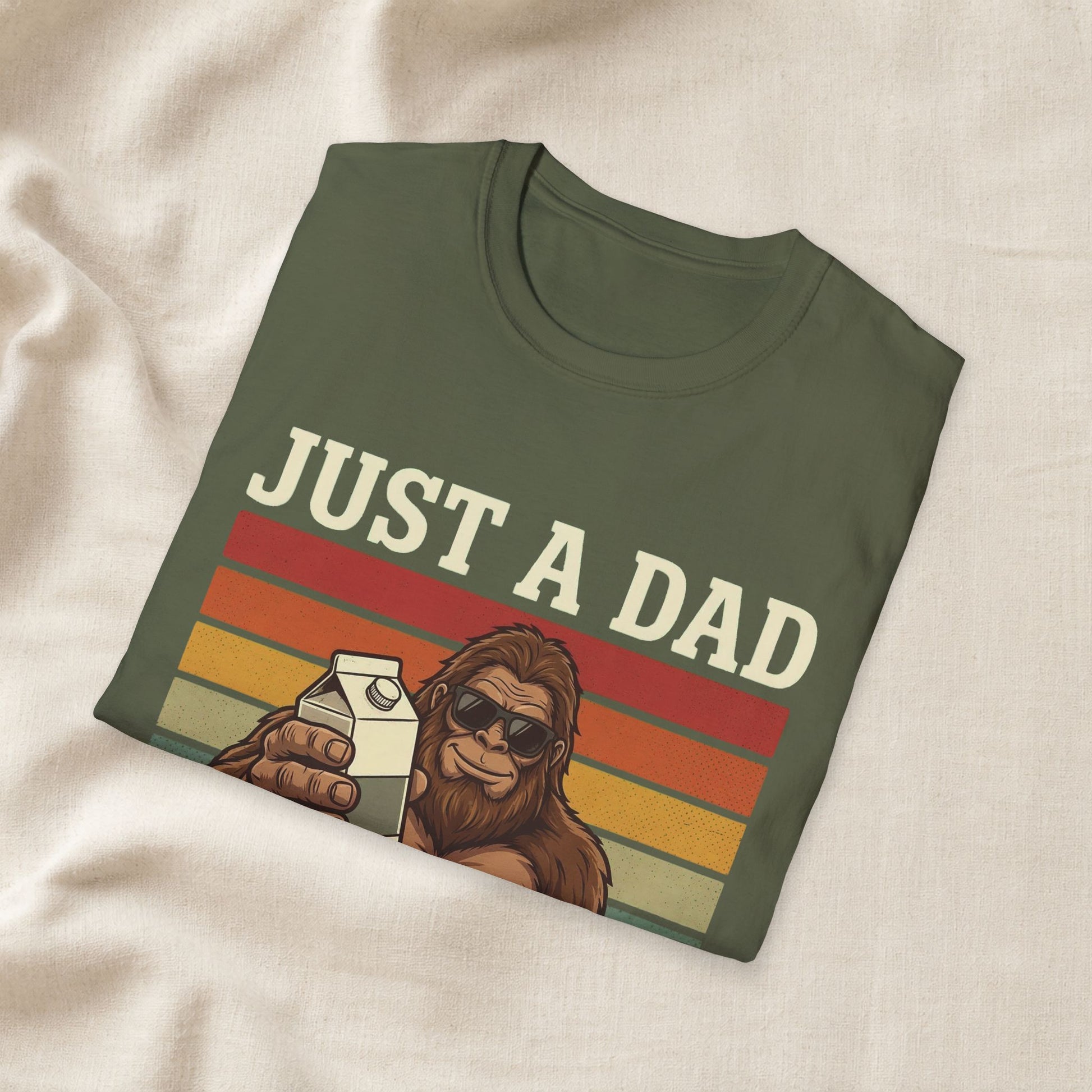 Comfortable unisex Just A Dad Who Always Came Back With The Milk Shirt | Funny Bigfoot Dad Tee apparel - flattering bigfoot
