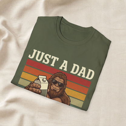 Comfortable unisex Just A Dad Who Always Came Back With The Milk Shirt | Funny Bigfoot Dad Tee apparel - flattering bigfoot