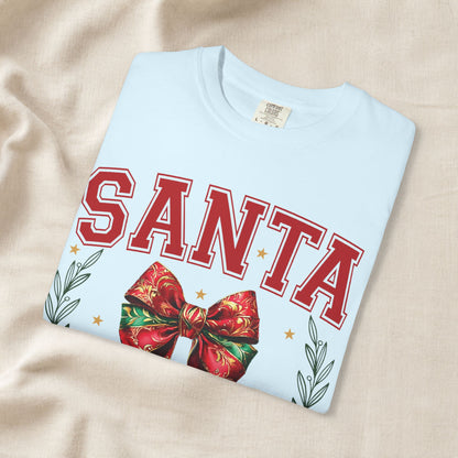Santa University Shirt, Christmas Bow Shirt, Cute Holiday Shirt, Christmas Shirt Women, Comfort Colors Christmas Tee