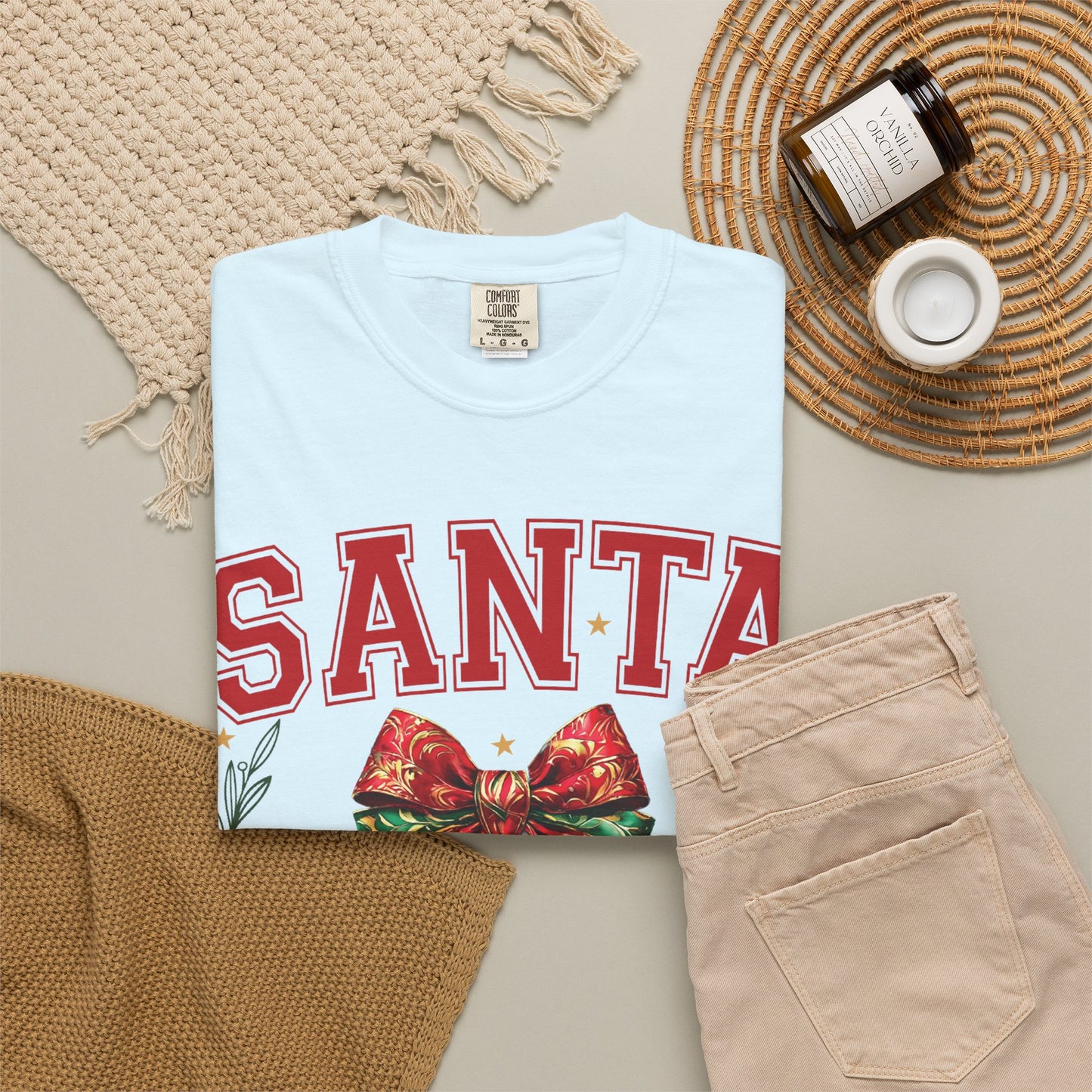christmas aesthetic Santa University Shirt, Christmas Bow Shirt, Cute Holiday Shirt, Christmas Shirt Women, Comfort Colors
