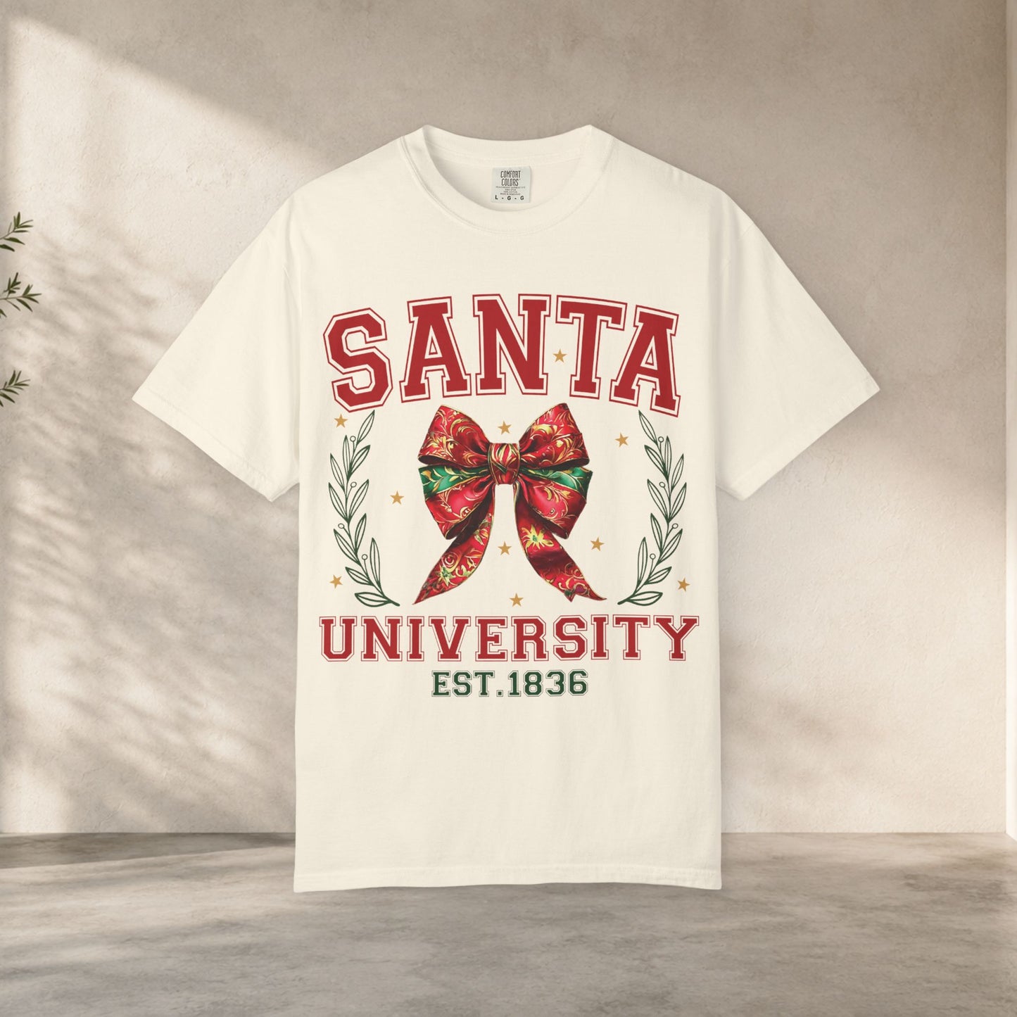 Santa University Shirt, Christmas Bow Shirt, Cute Holiday Shirt, Christmas Shirt Women, Comfort Colors Christmas Tee