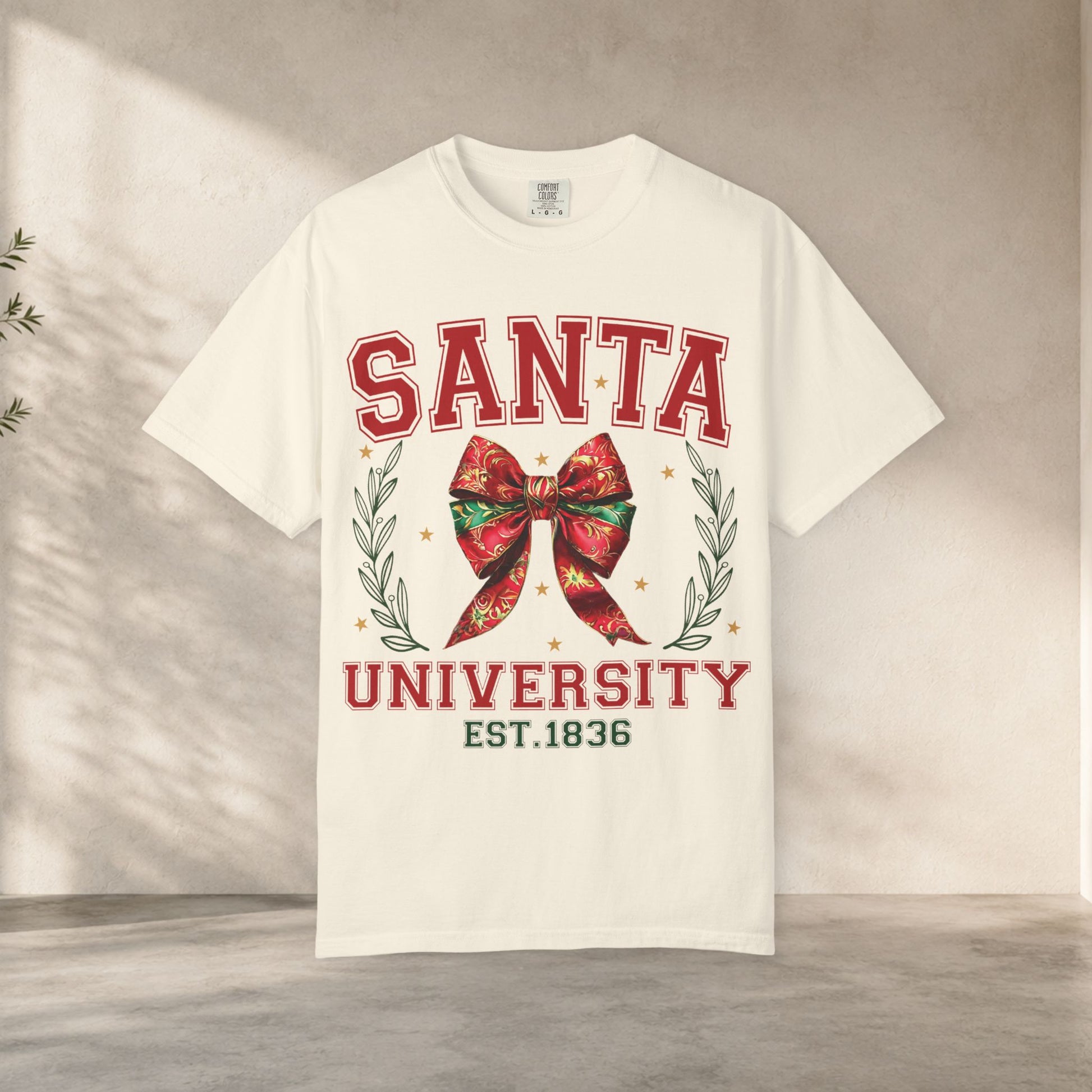 Santa University Shirt, Christmas Bow Shirt, Cute Holiday Shirt, Christmas Shirt Women, Comfort Colors Christmas Tee