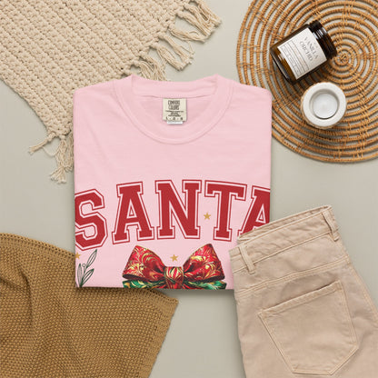Santa University Shirt, Christmas Bow Shirt, Cute Holiday Shirt, Christmas Shirt Women, Comfort Colors Christmas Tee