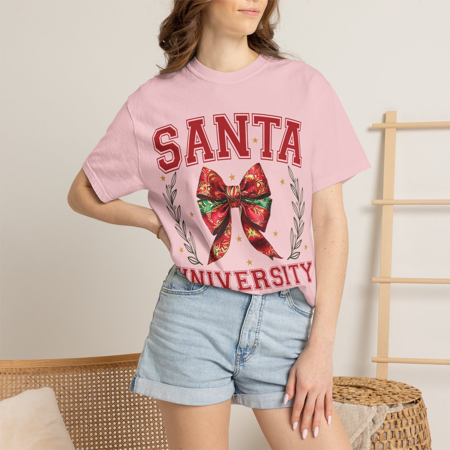 Comfortable unisex Santa University Shirt, Christmas Bow Shirt, Cute Holiday Shirt, Christmas Shirt Women, Comfort Colors