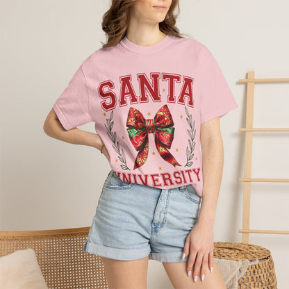 Comfortable unisex Santa University Shirt, Christmas Bow Shirt, Cute Holiday Shirt, Christmas Shirt Women, Comfort Colors