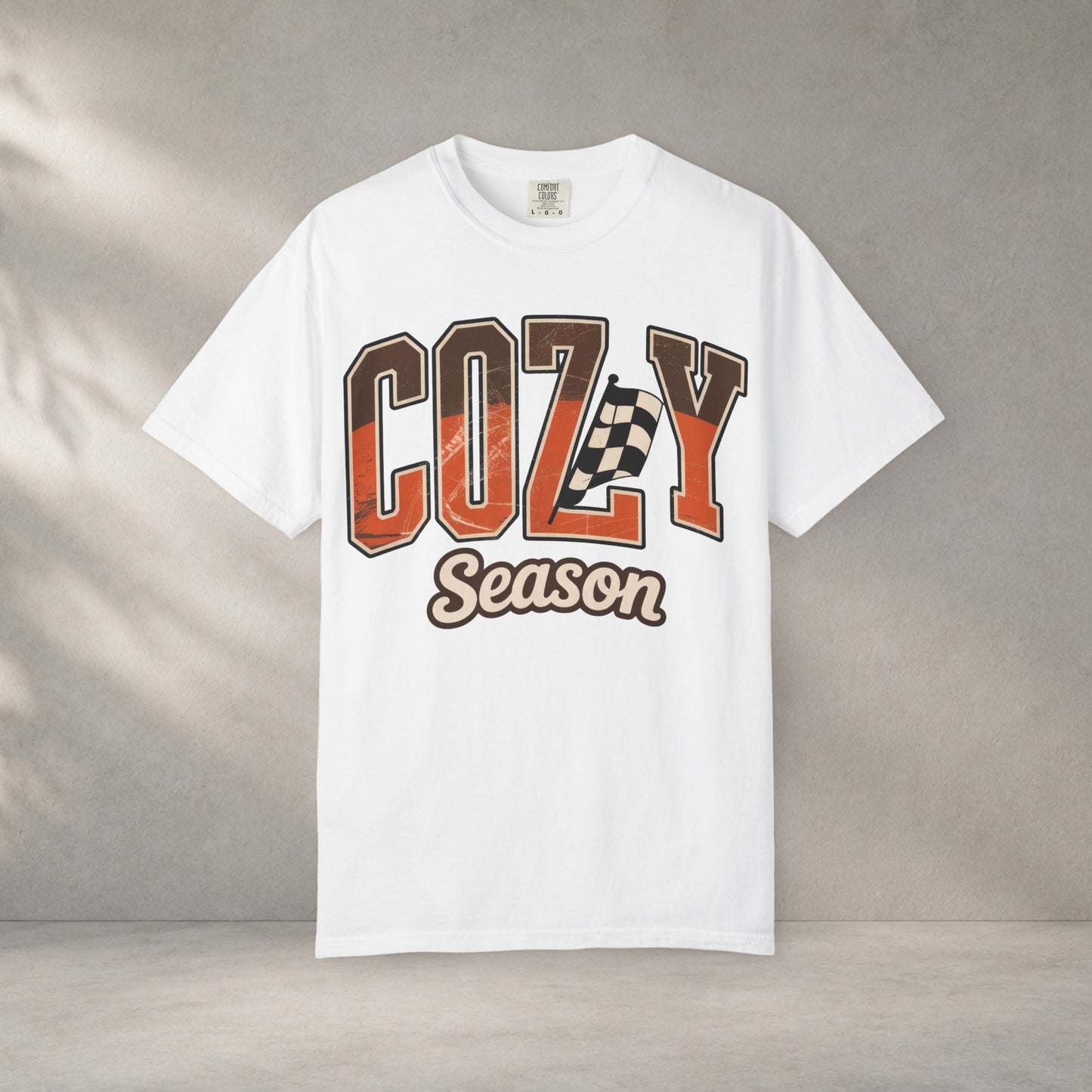 Cozy Season Comfort Colors 1717 Fall Racing Graphic T-Shirt tee for autumn vibes shirt and checkered flag shirt - perfect