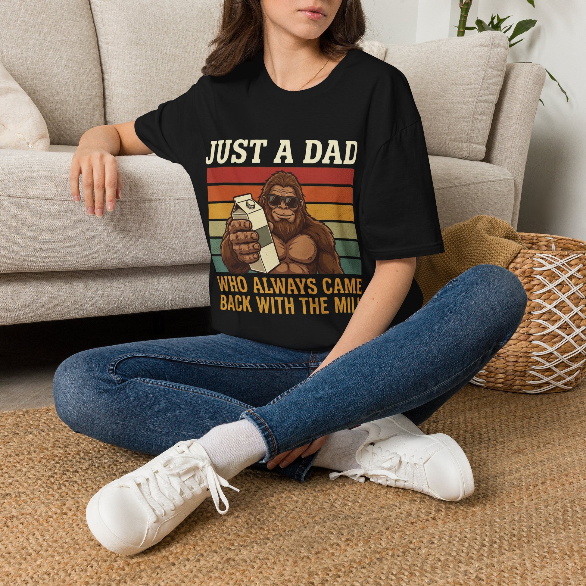 Comfortable unisex Just A Dad Who Always Came Back With The Milk Shirt | Funny Bigfoot Dad Tee tee - flattering fathers day