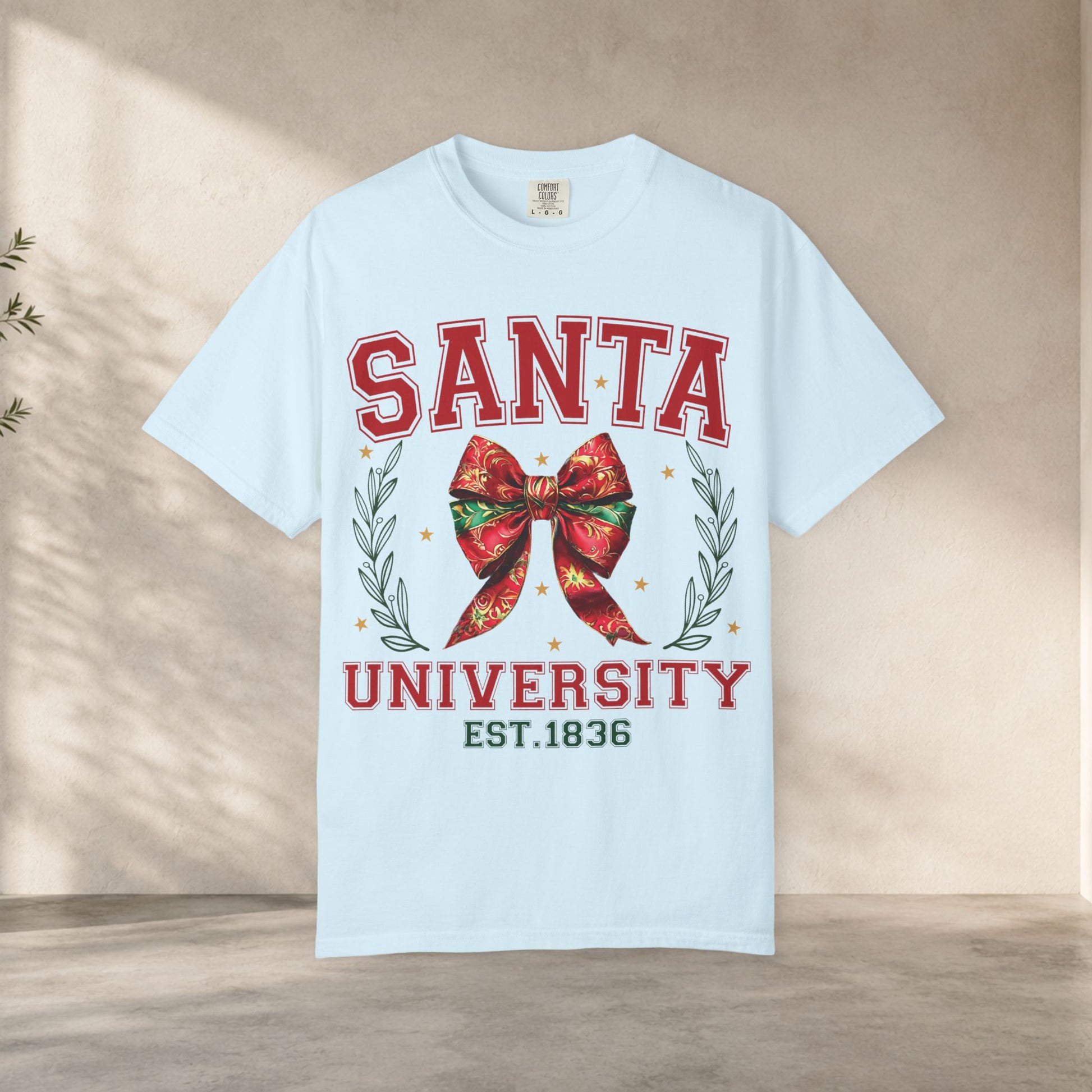 Santa University Shirt, Christmas Bow Shirt, Cute Holiday Shirt, Christmas Shirt Women, Comfort Colors Christmas Tee