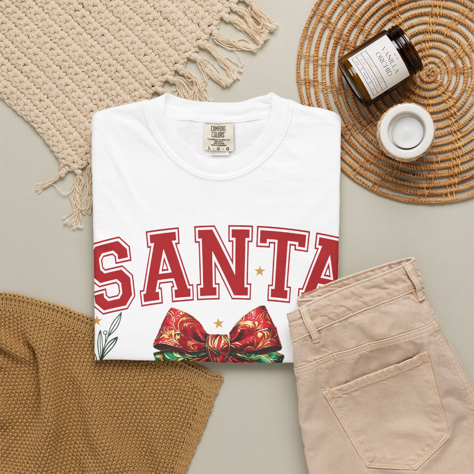 Premium quality Santa University Shirt, Christmas Bow Shirt, Cute Holiday Shirt, Christmas Shirt Women, Comfort Colors