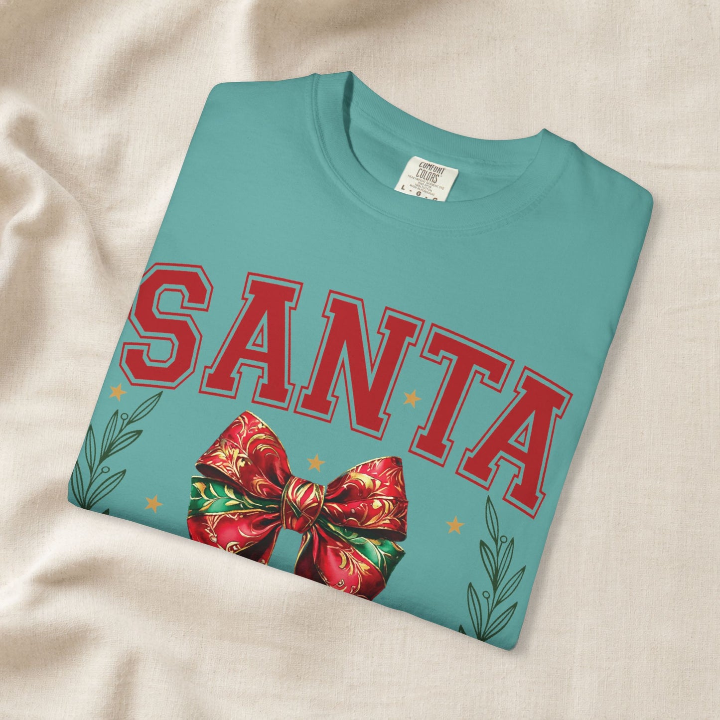 Santa University Shirt, Christmas Bow Shirt, Cute Holiday Shirt, Christmas Shirt Women, Comfort Colors Christmas Tee