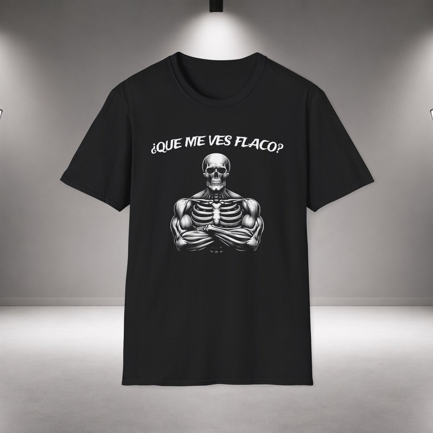 Funny Skeleton Gym Shirt – Que Me Ves Flaco T-Shirt bodybuilder shirt graphic t-shirt - eye-catching bodybuilder shirt