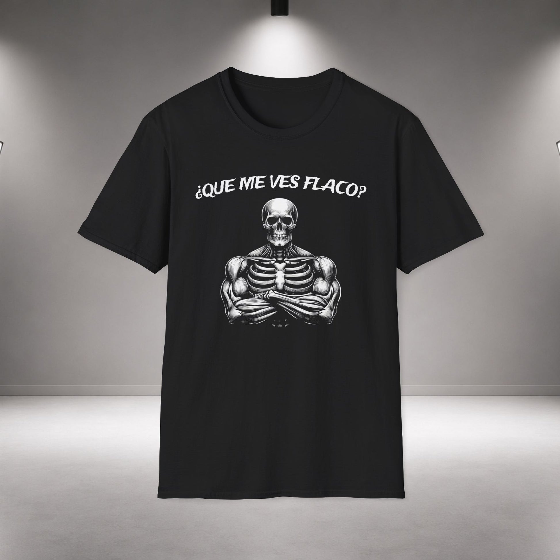 Funny Skeleton Gym Shirt – Que Me Ves Flaco T-Shirt bodybuilder shirt graphic t-shirt - eye-catching bodybuilder shirt
