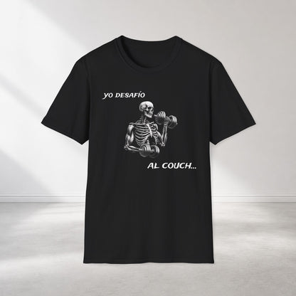 Yo Desafio Al Couch Skeleton Gym T-Shirt bodybuilder tee graphic t-shirt - eye-catching bodybuilder tee design print