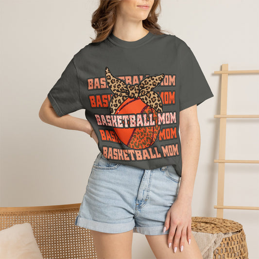 Basketball Mom Comfort Colors shirt with leopard bow and sporty game day design