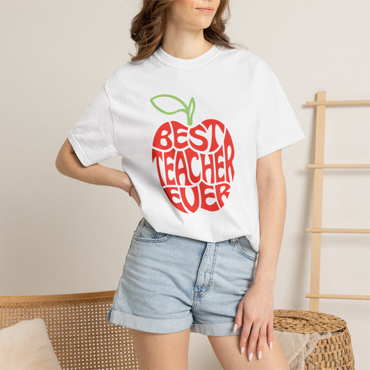 Best Teacher Ever teacher shirt featuring apple graphic design on Comfort Colors t-shirt