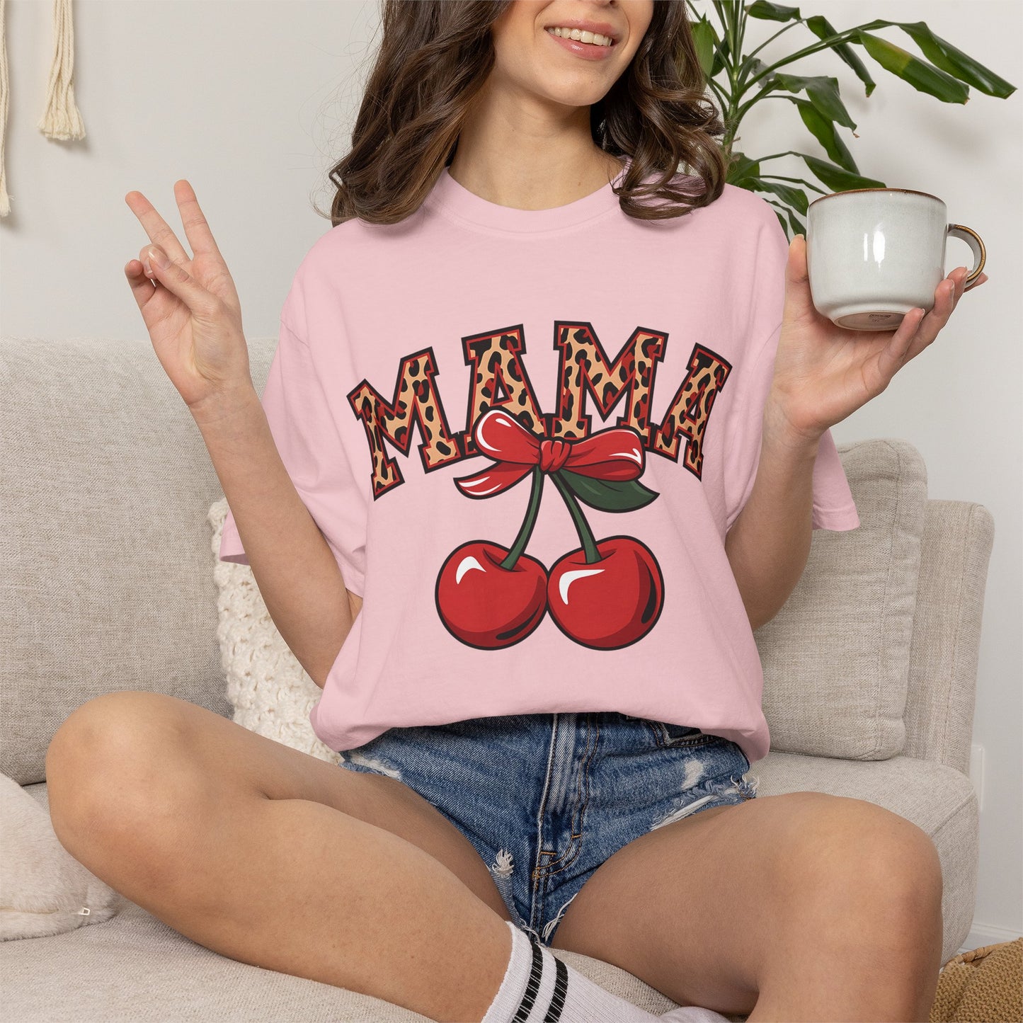Cherry mama Comfort Colors shirt with leopard print text and cute cherry bow graphic