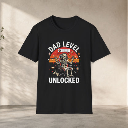 Dad level unlocked gamer dad shirt with skeleton gamer and achievement unlocked design