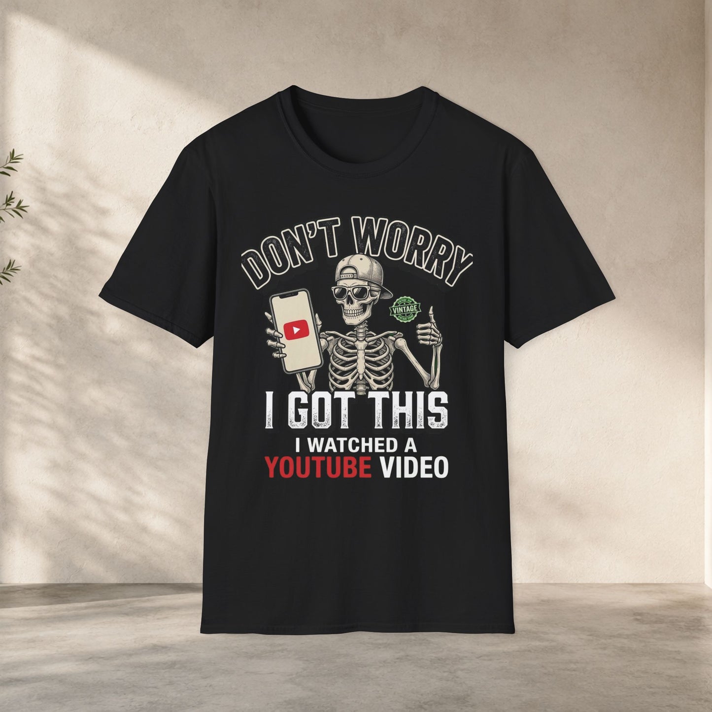 Funny DIY dad shirt with skeleton graphic holding phone and YouTube inspired quote