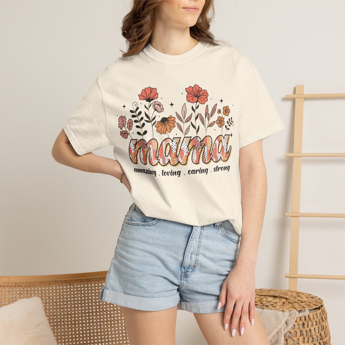 Floral Mama Comfort Colors shirt with trendy neutral tones and vintage aesthetic for stylish moms