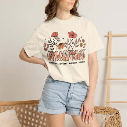 Floral Mama Comfort Colors shirt with trendy neutral tones and vintage aesthetic for stylish moms