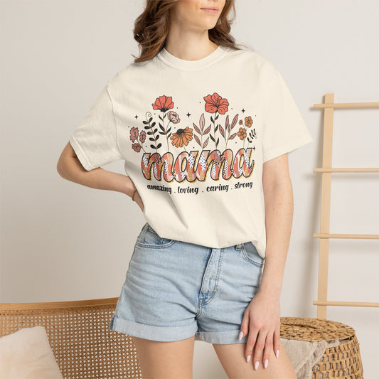 Floral Mama Comfort Colors shirt with trendy neutral tones and vintage aesthetic for stylish moms
