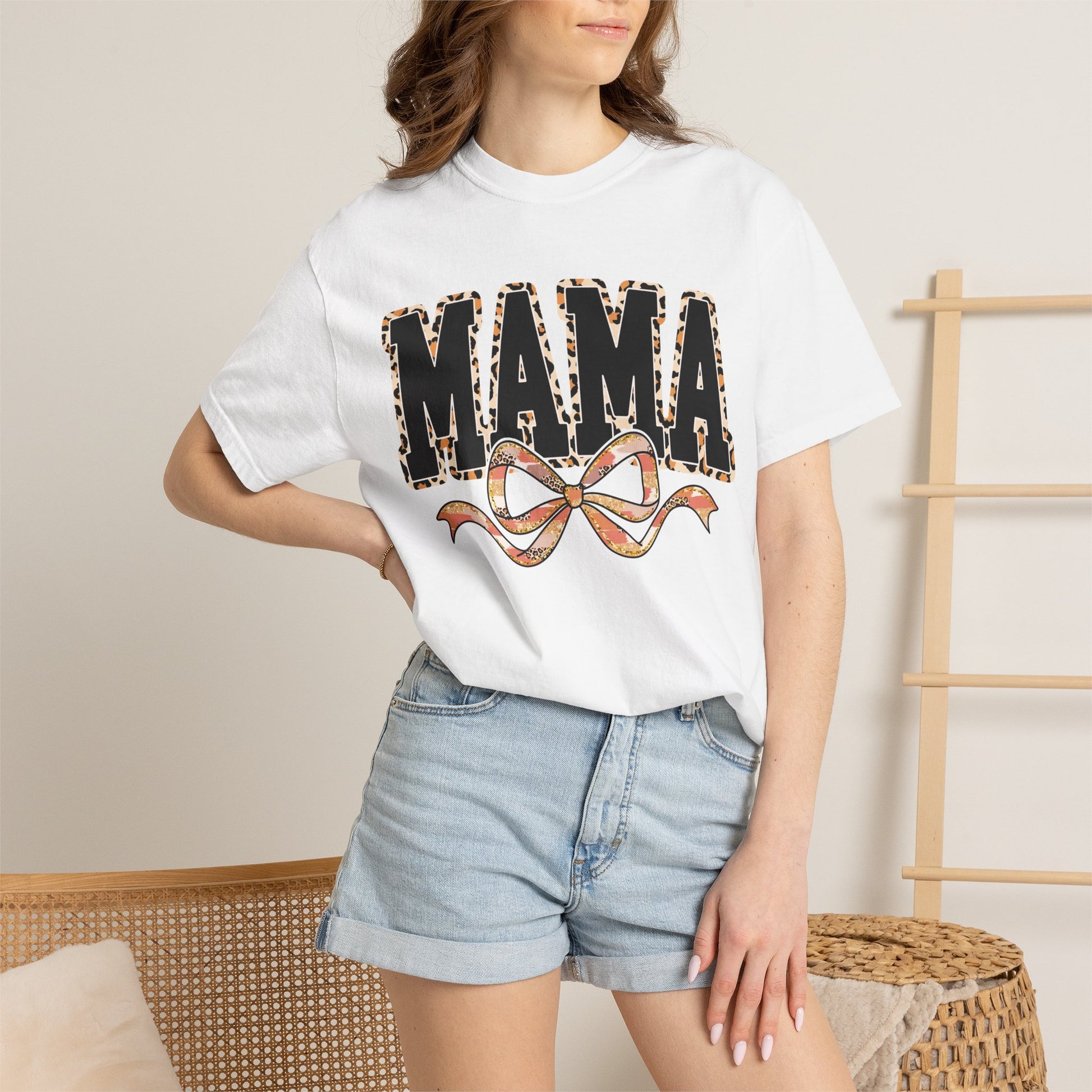 Mama Comfort Colors shirt with leopard lettering and bow aesthetic for trendy stylish moms