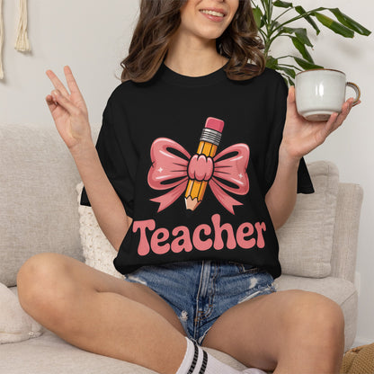 Pink Teacher Comfort Colors shirt with cute bow and pencil coquette classroom design