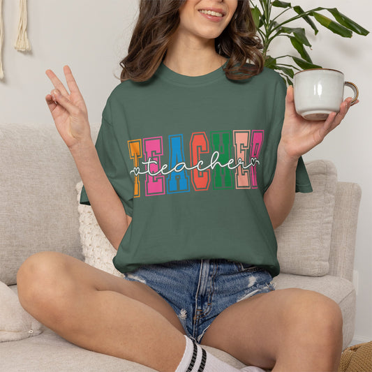 Retro Teacher Comfort Colors shirt with colorful varsity lettering for stylish classroom outfits