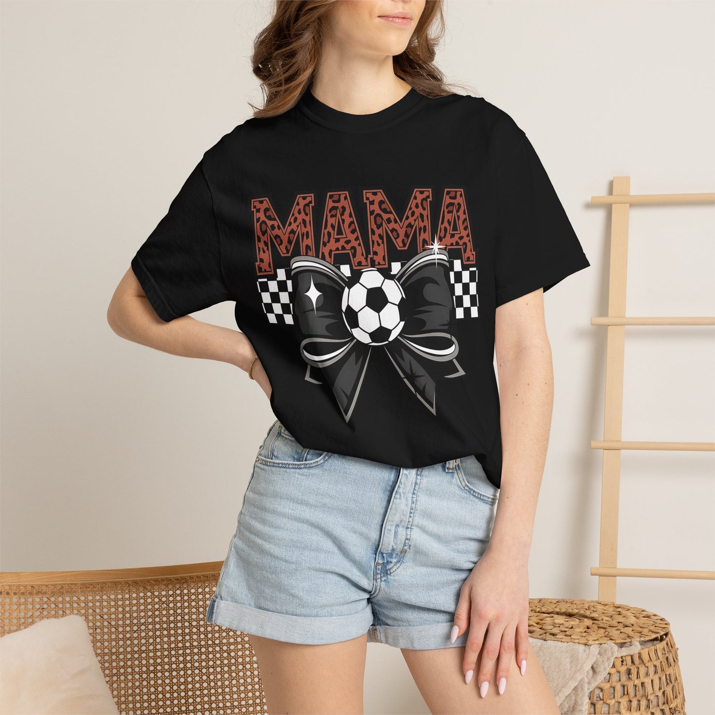 Soccer mama Comfort Colors shirt with leopard print lettering and soccer bow graphic
