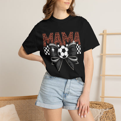 Soccer mama Comfort Colors shirt with leopard print lettering and soccer bow graphic