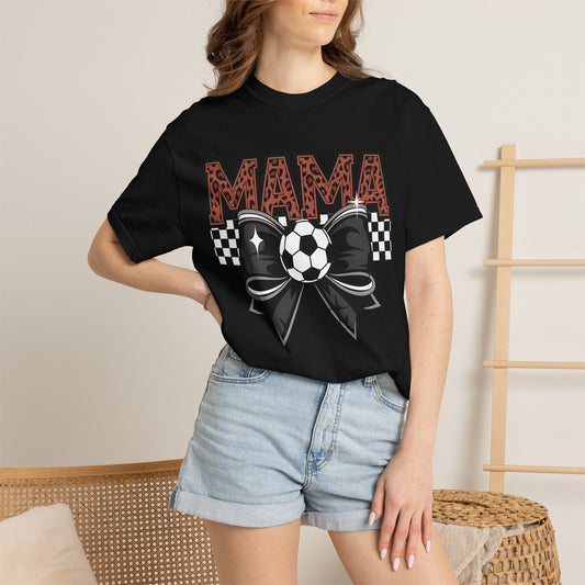 Soccer mama Comfort Colors shirt with leopard print lettering and soccer bow graphic